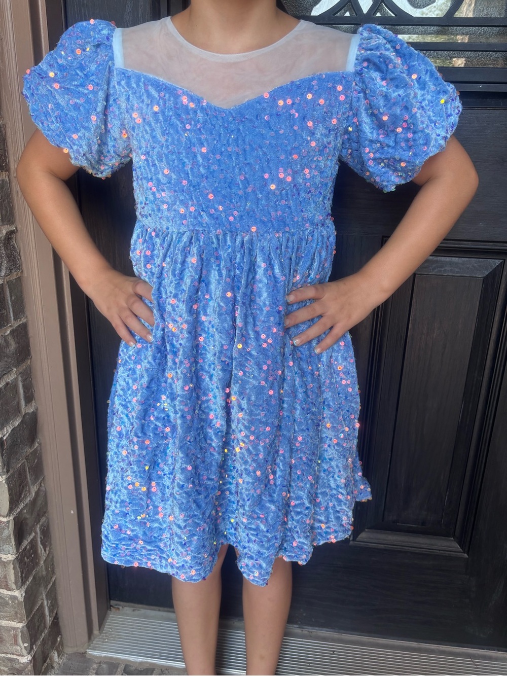 SHEIN Blue Sequin Puff-Sleeve Party Dress for Kids